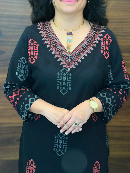 Black Color Block-Printed Pure Cotton Dupatta Set