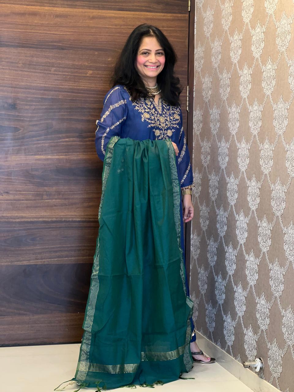 Blue-Green Color Mul Chanderi Dupatta Set