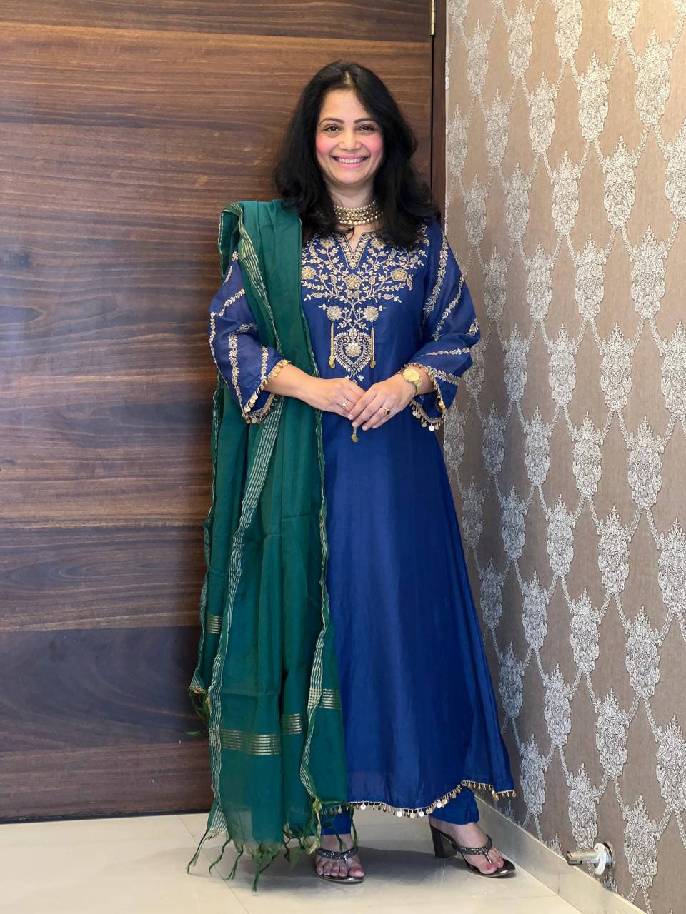 Blue-Green Color Mul Chanderi Dupatta Set