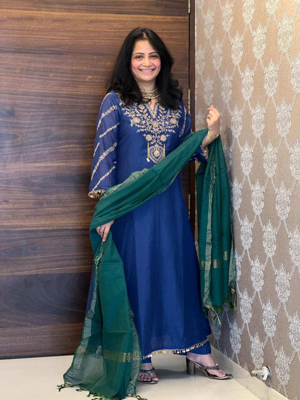 Blue-Green Color Mul Chanderi Dupatta Set