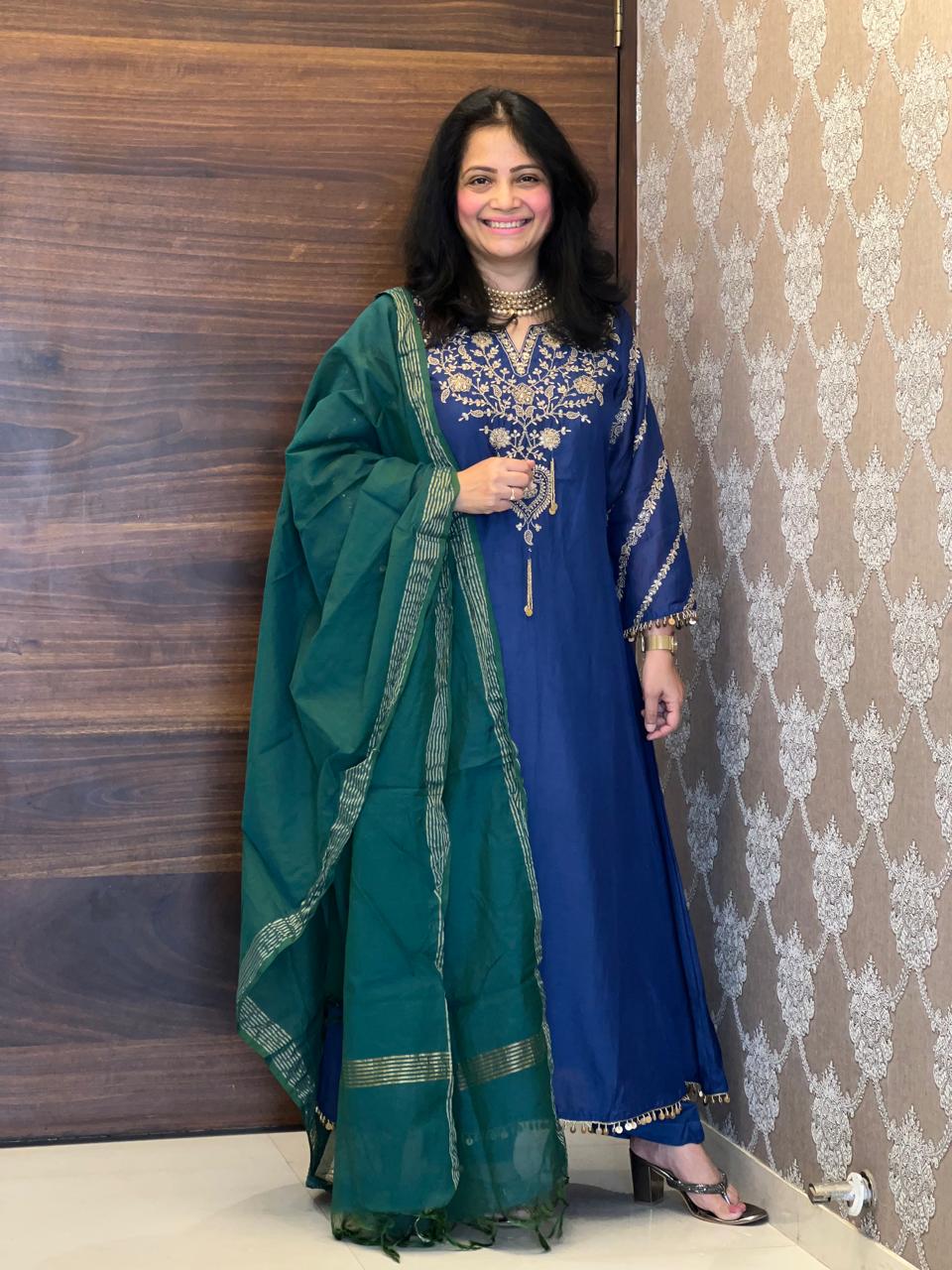 Blue-Green Color Mul Chanderi Dupatta Set