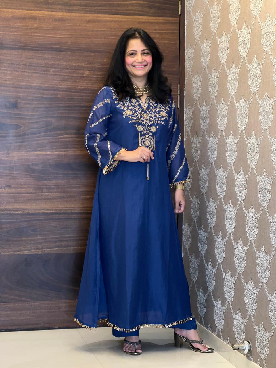 Blue-Green Color Mul Chanderi Dupatta Set
