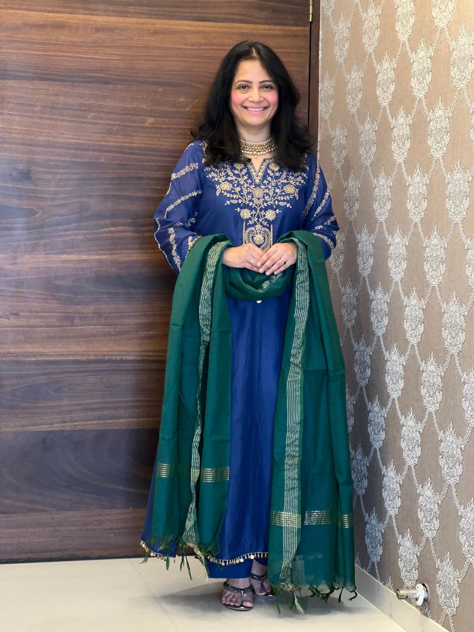 Blue-Green Color Mul Chanderi Dupatta Set