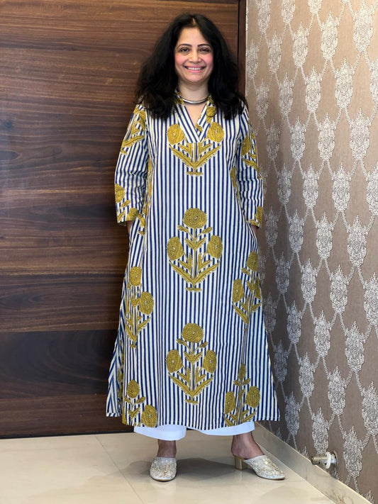 Blue Striped Dabu Hand Block Printed Pure Cotton A Line Kurti