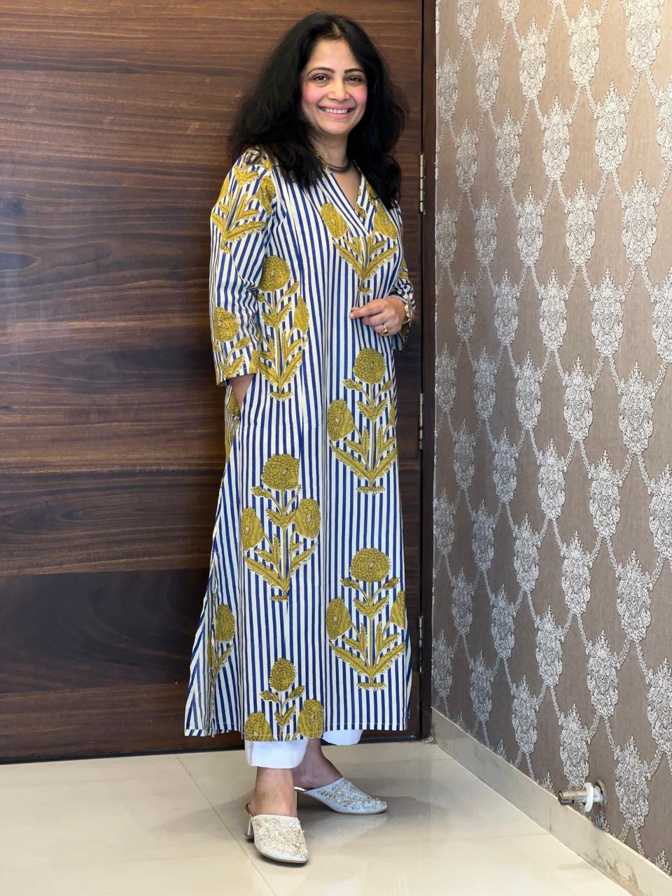 Blue Striped Dabu Hand Block Printed Pure Cotton A Line Kurti