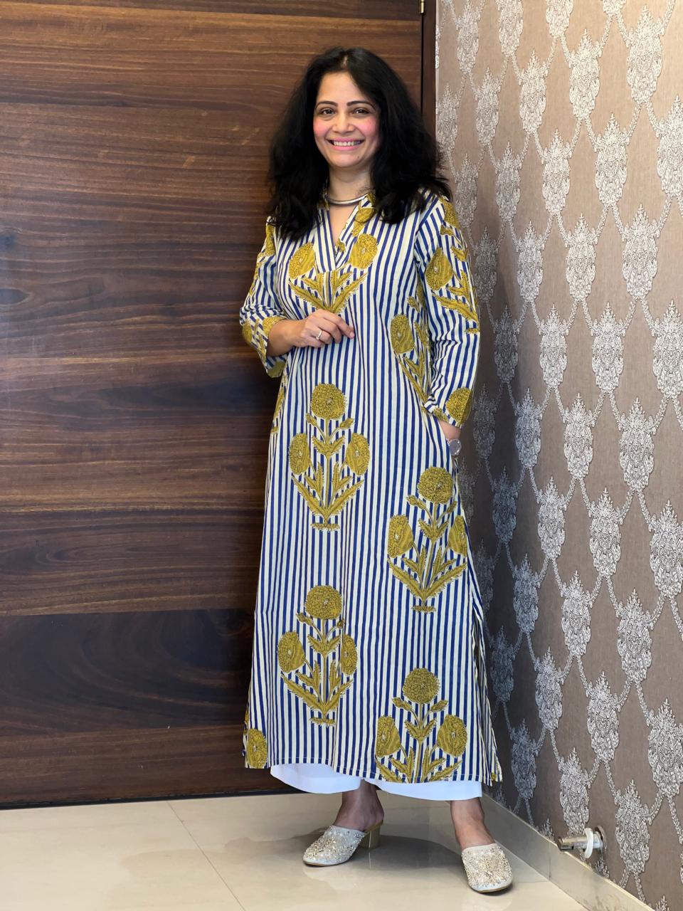 Blue Striped Dabu Hand Block Printed Pure Cotton A Line Kurti
