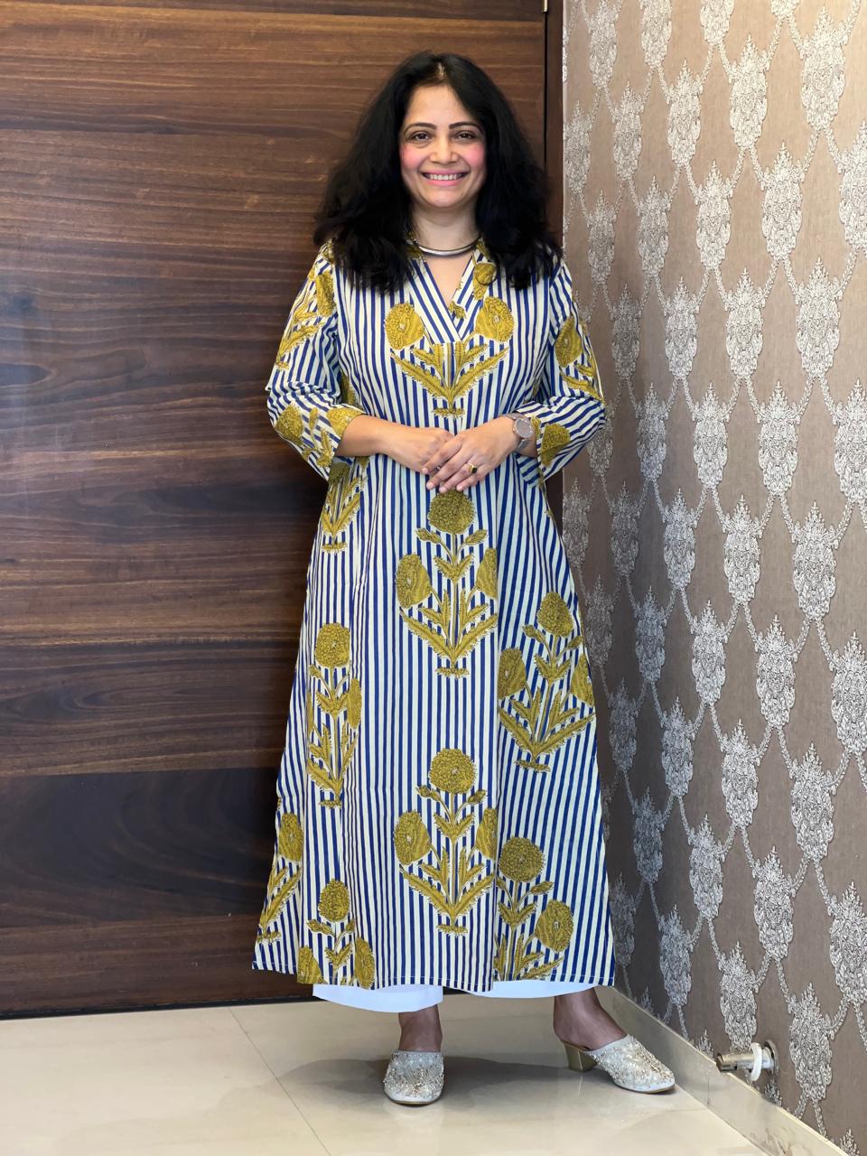 Blue Striped Dabu Hand Block Printed Pure Cotton A Line Kurti