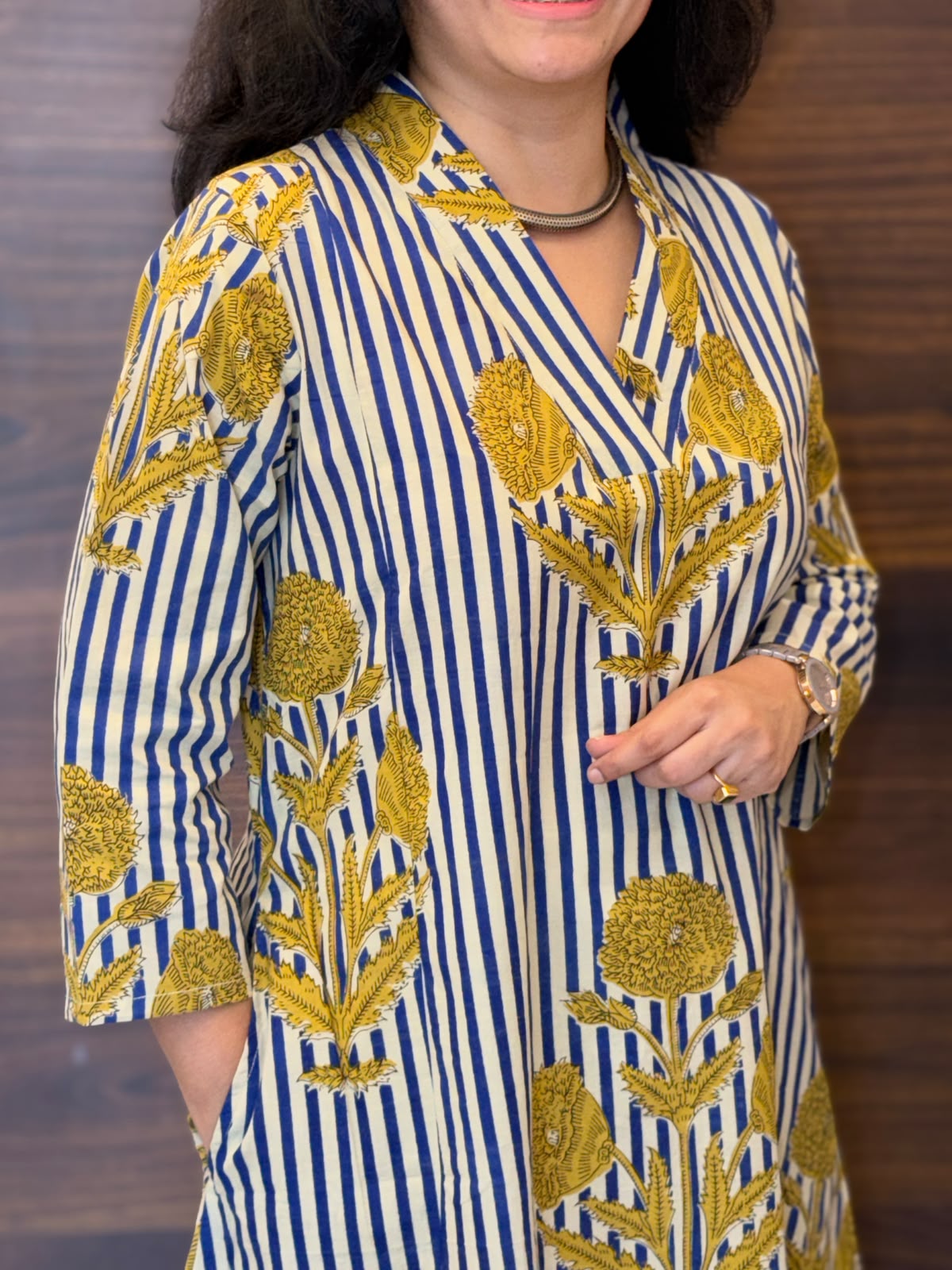 Blue Striped Dabu Hand Block Printed Pure Cotton A Line Kurti