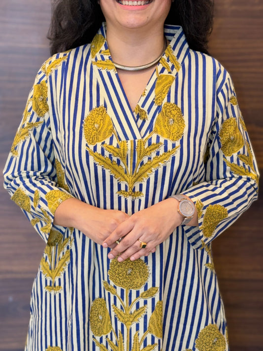 Blue Striped Dabu Hand Block Printed Pure Cotton A Line Kurti
