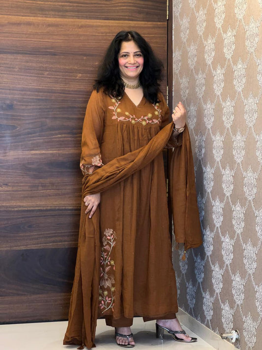 Brown Color Kota-Doriya Dupatta Set