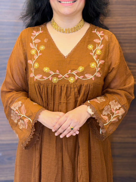 Brown Color Kota-Doriya Dupatta Set
