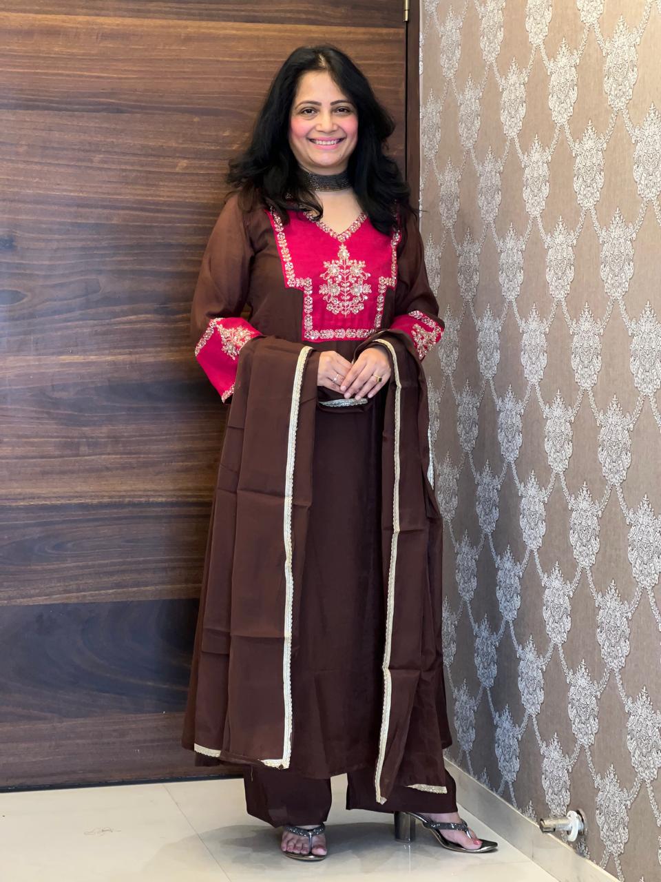 Brown-Pink Color Mul Chanderi Dupatta Set
