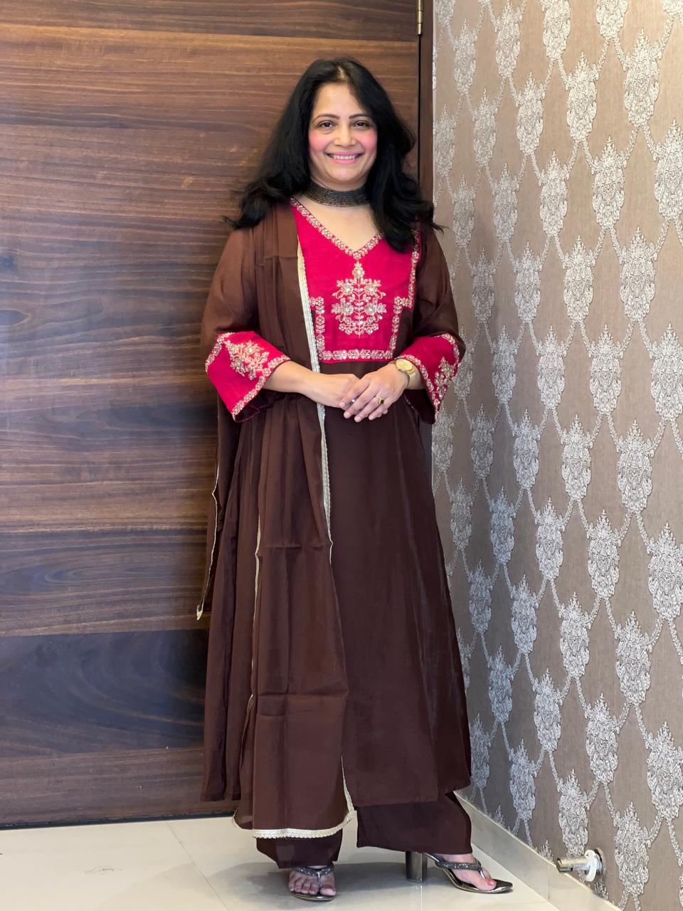 Brown-Pink Color Mul Chanderi Dupatta Set