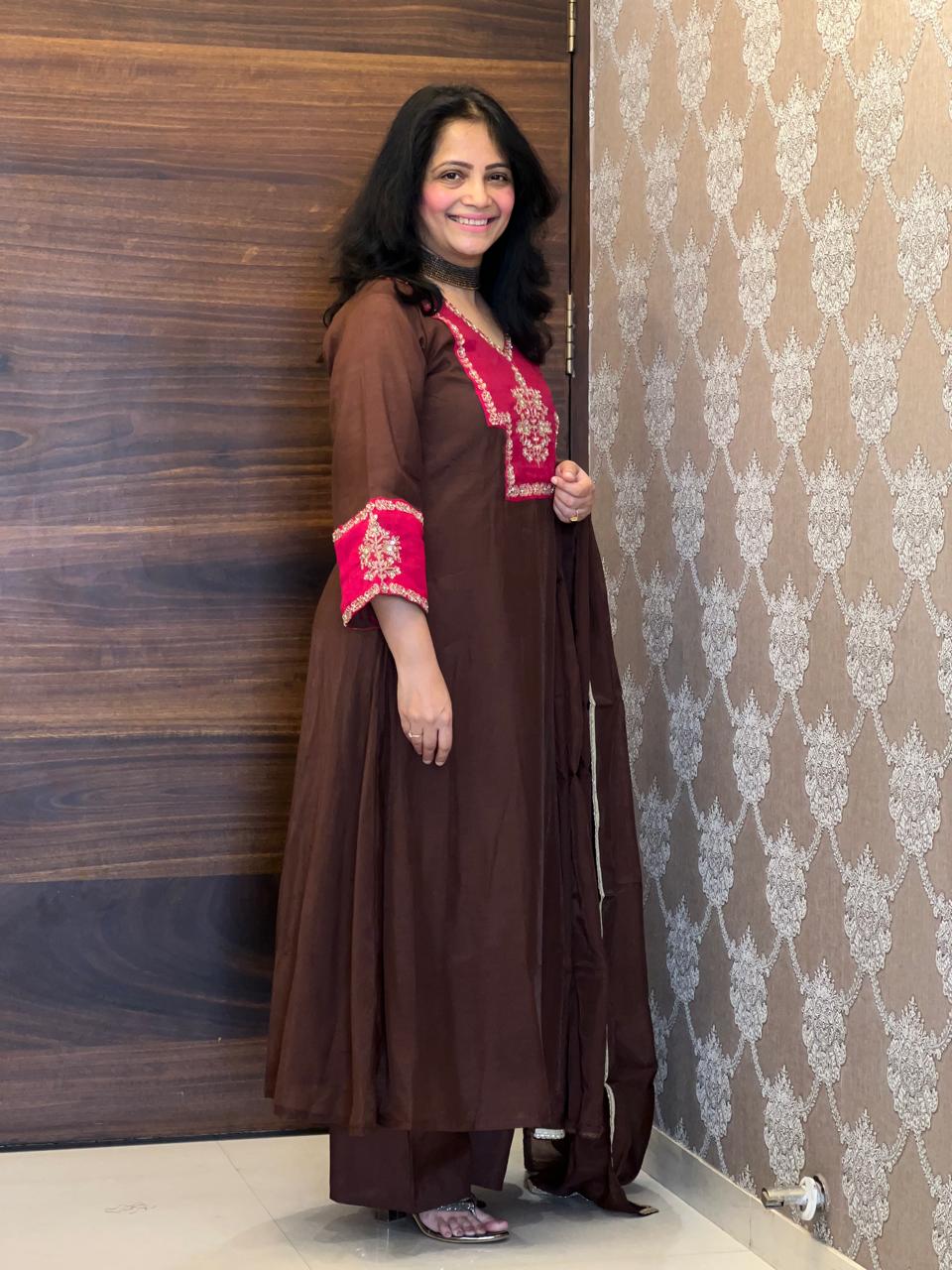 Brown-Pink Color Mul Chanderi Dupatta Set