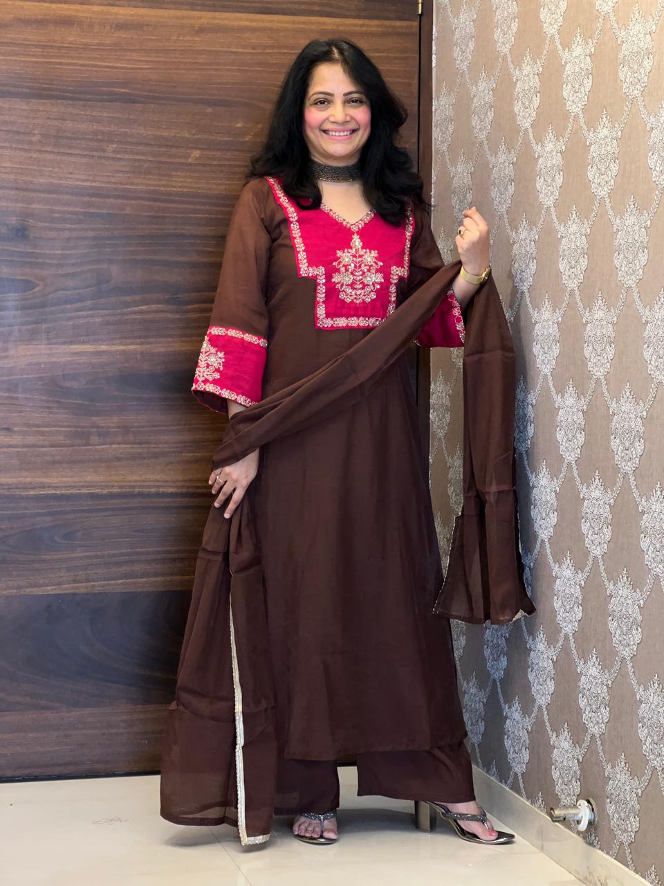 Brown-Pink Color Mul Chanderi Dupatta Set