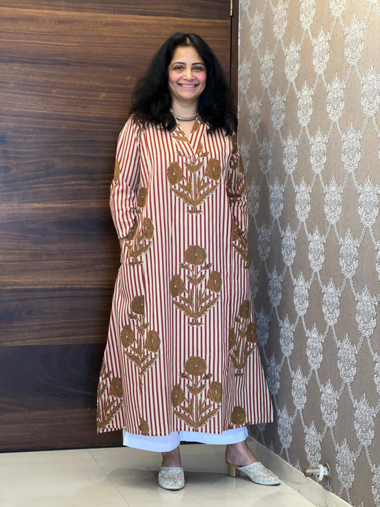Brown Striped Dabu Hand Block Printed Pure Cotton A Line Kurti