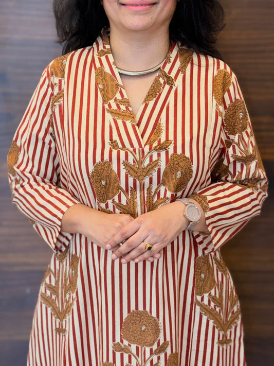 Brown Striped Dabu Hand Block Printed Pure Cotton A Line Kurti