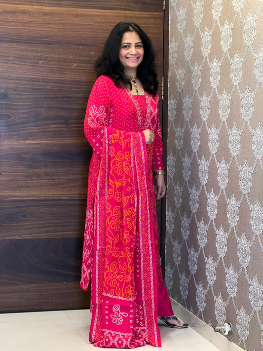 Rani-Pink Color Bandhani print Pure Muslin Dupatta Set