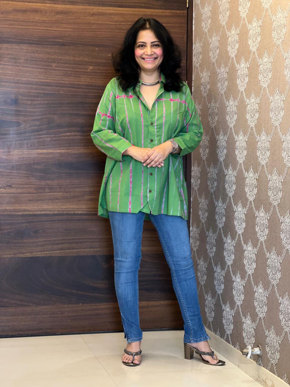 Shibori Print Green Color Pure Cotton Shirt Top