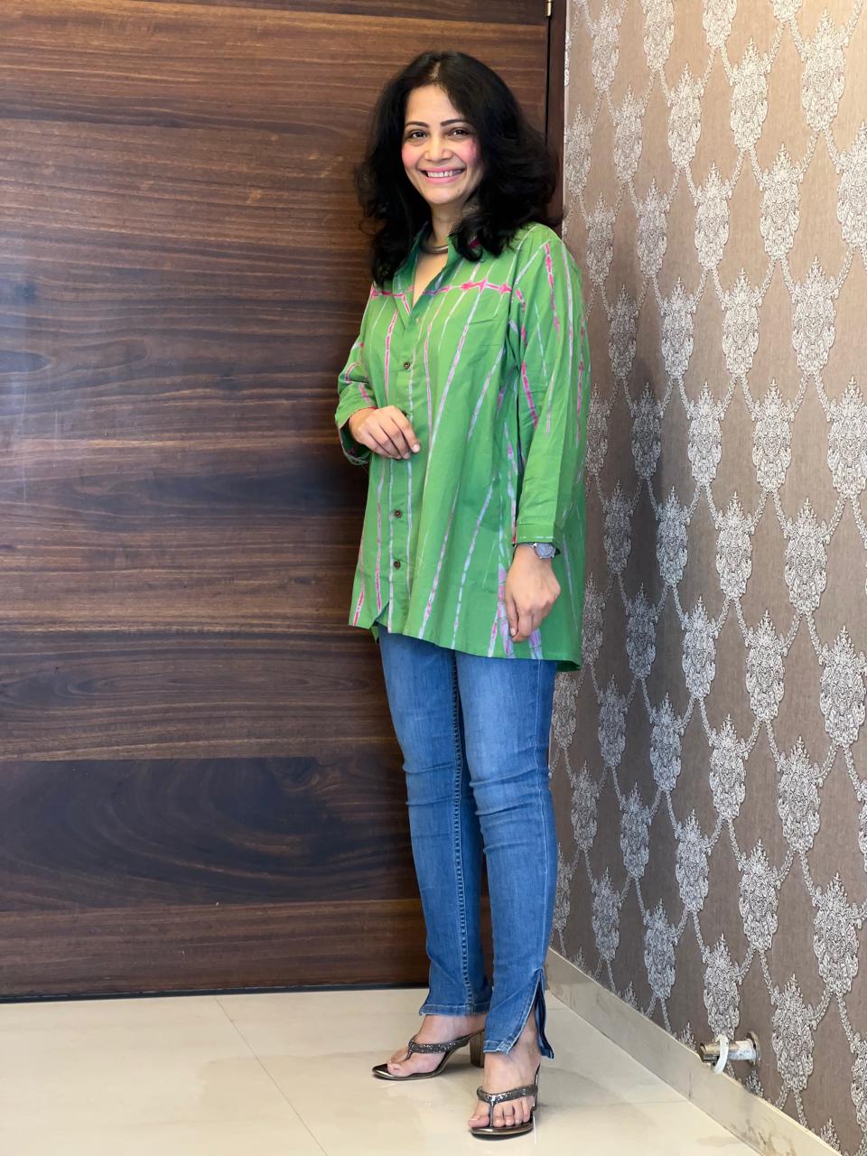 Shibori Print Green Color Pure Cotton Shirt Top