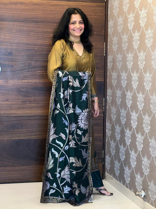 Mustard-Green Color Pure Muslin Dupatta Set