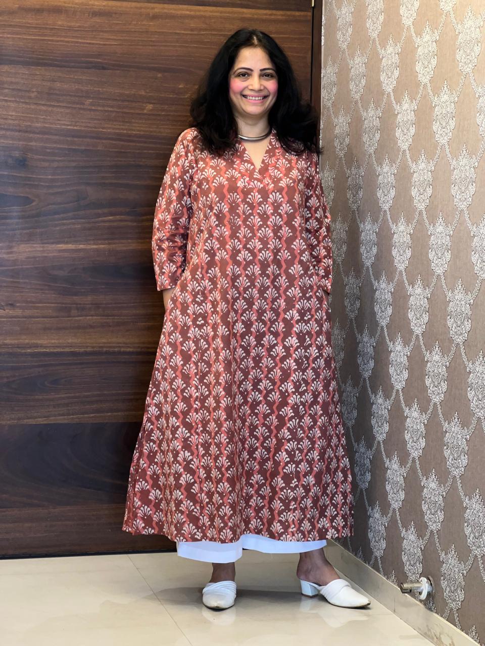 Maroon Dabu Hand Block Printed Pure Cotton A Line Kurti