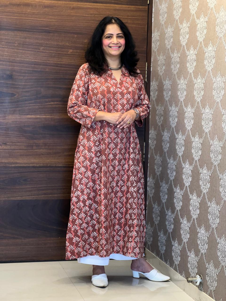 Maroon Dabu Hand Block Printed Pure Cotton A Line Kurti