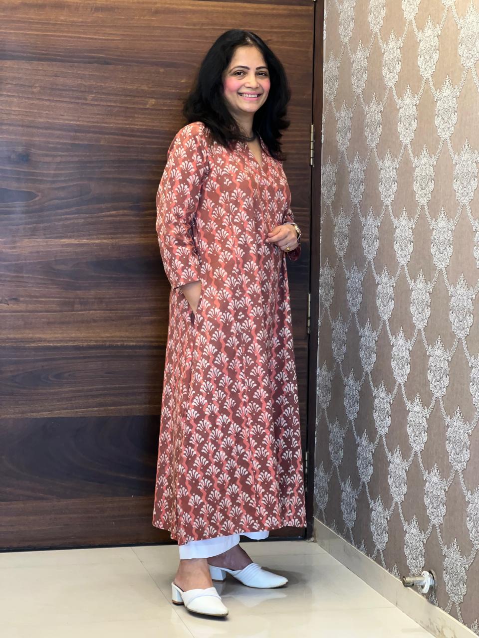 Maroon Dabu Hand Block Printed Pure Cotton A Line Kurti