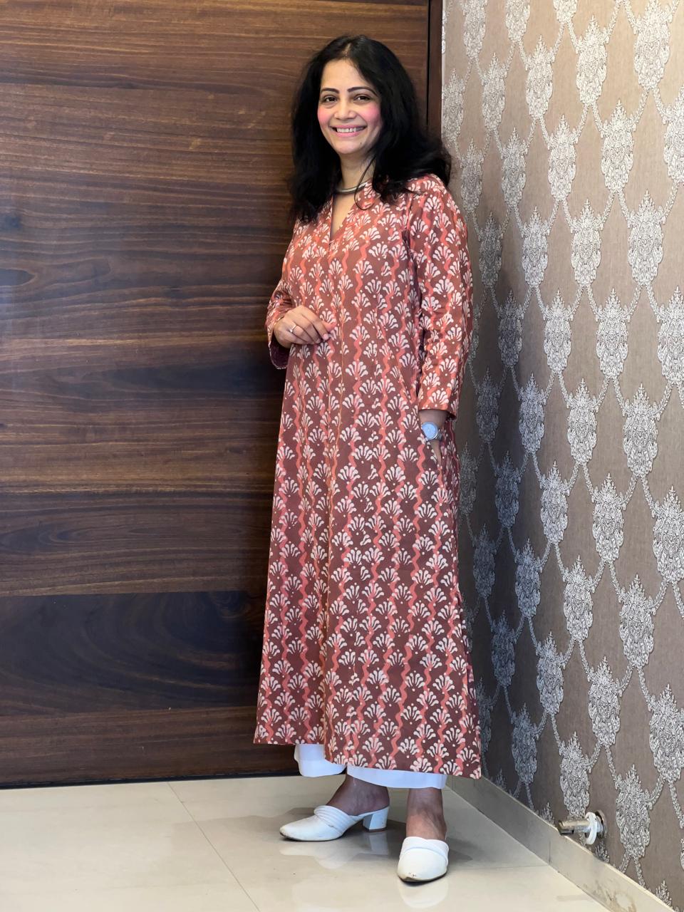 Maroon Dabu Hand Block Printed Pure Cotton A Line Kurti