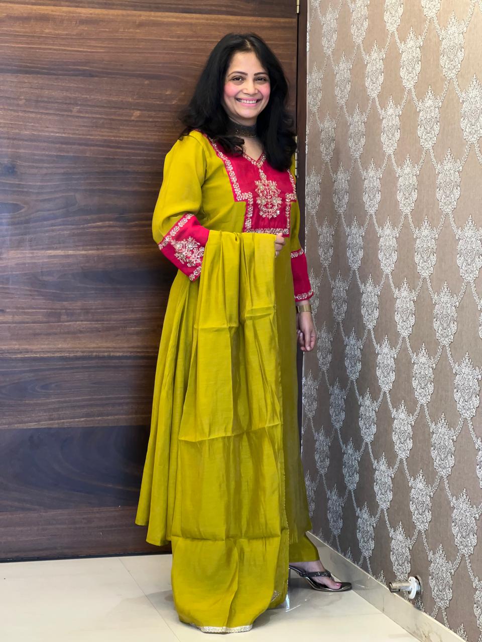 Mustard-Pink Color Mul Chanderi Dupatta Set