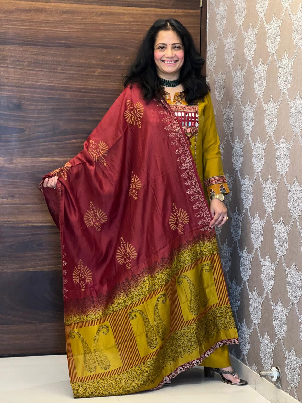 Mustard Color Mul Chanderi Dupatta Set