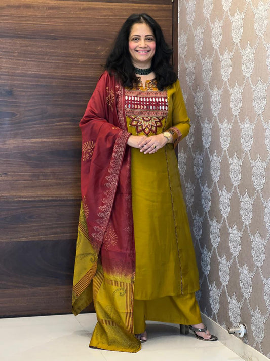 Mustard Color Mul Chanderi Dupatta Set