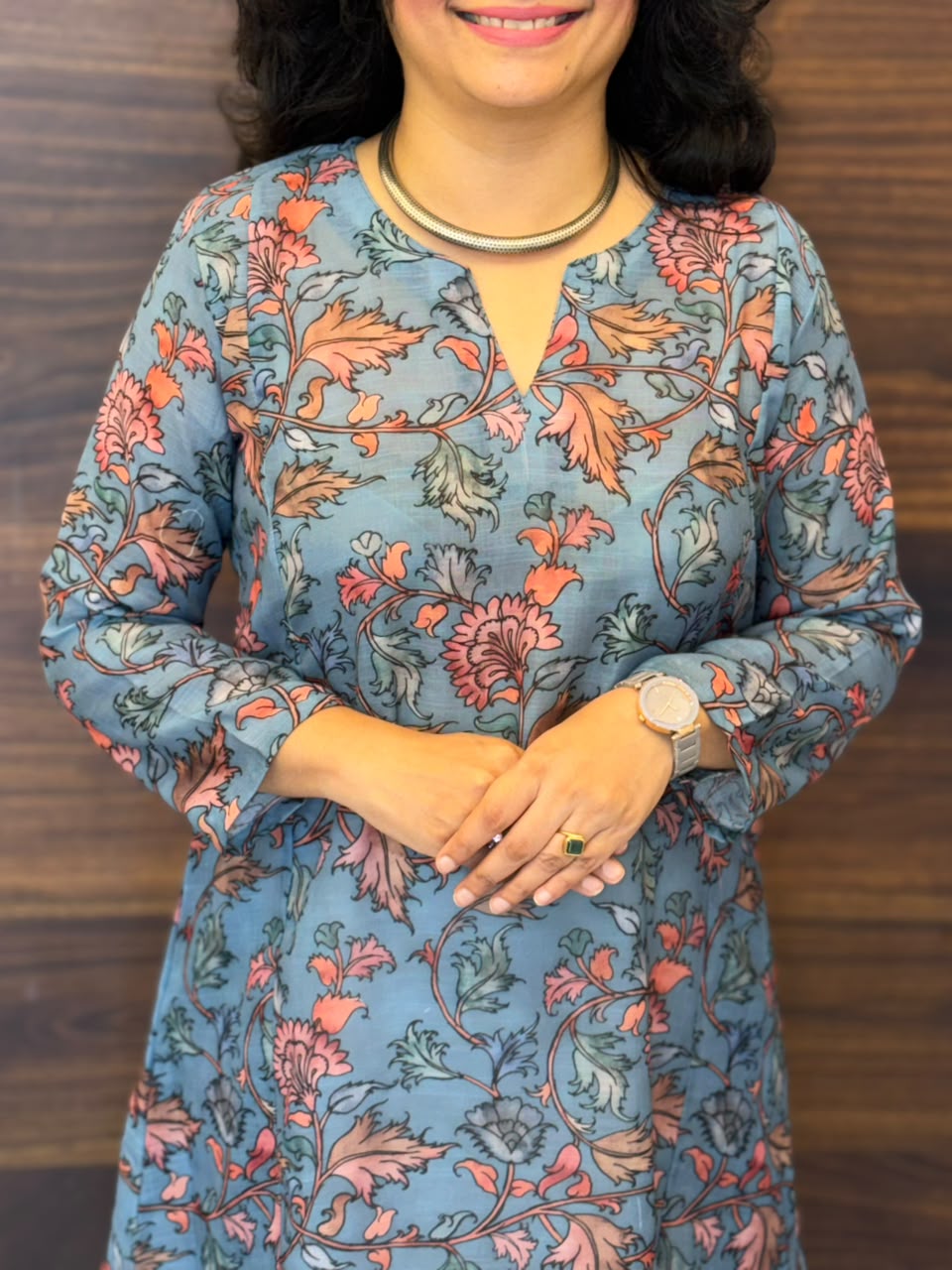 Dusty Slate Blue Colour Linen A-Line Kurti -Round Neck