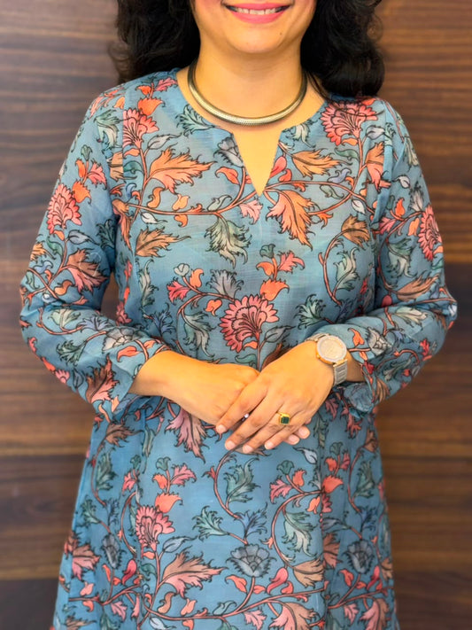 Dusty Slate Blue Colour Linen A-Line Kurti -Round Neck