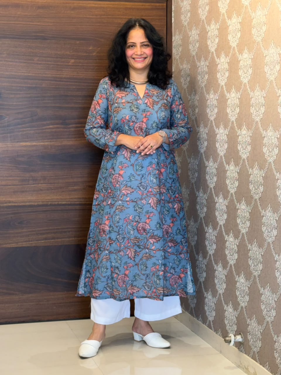 Dusty Slate Blue Colour Linen A-Line Kurti -Round Neck