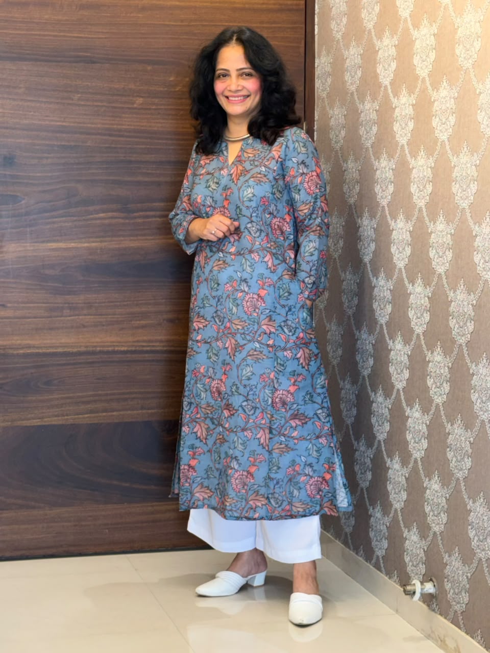 Dusty Slate Blue Colour Linen A-Line Kurti -Round Neck