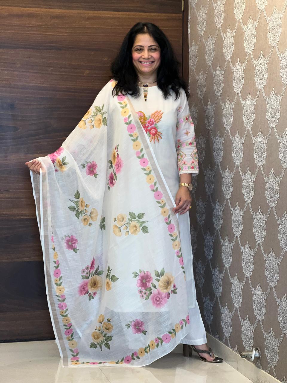 Off-White Color Kora Cotton Dupatta Set