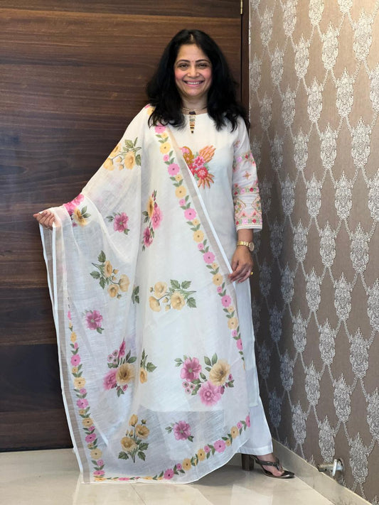 Off-White Color Kora Cotton Dupatta Set
