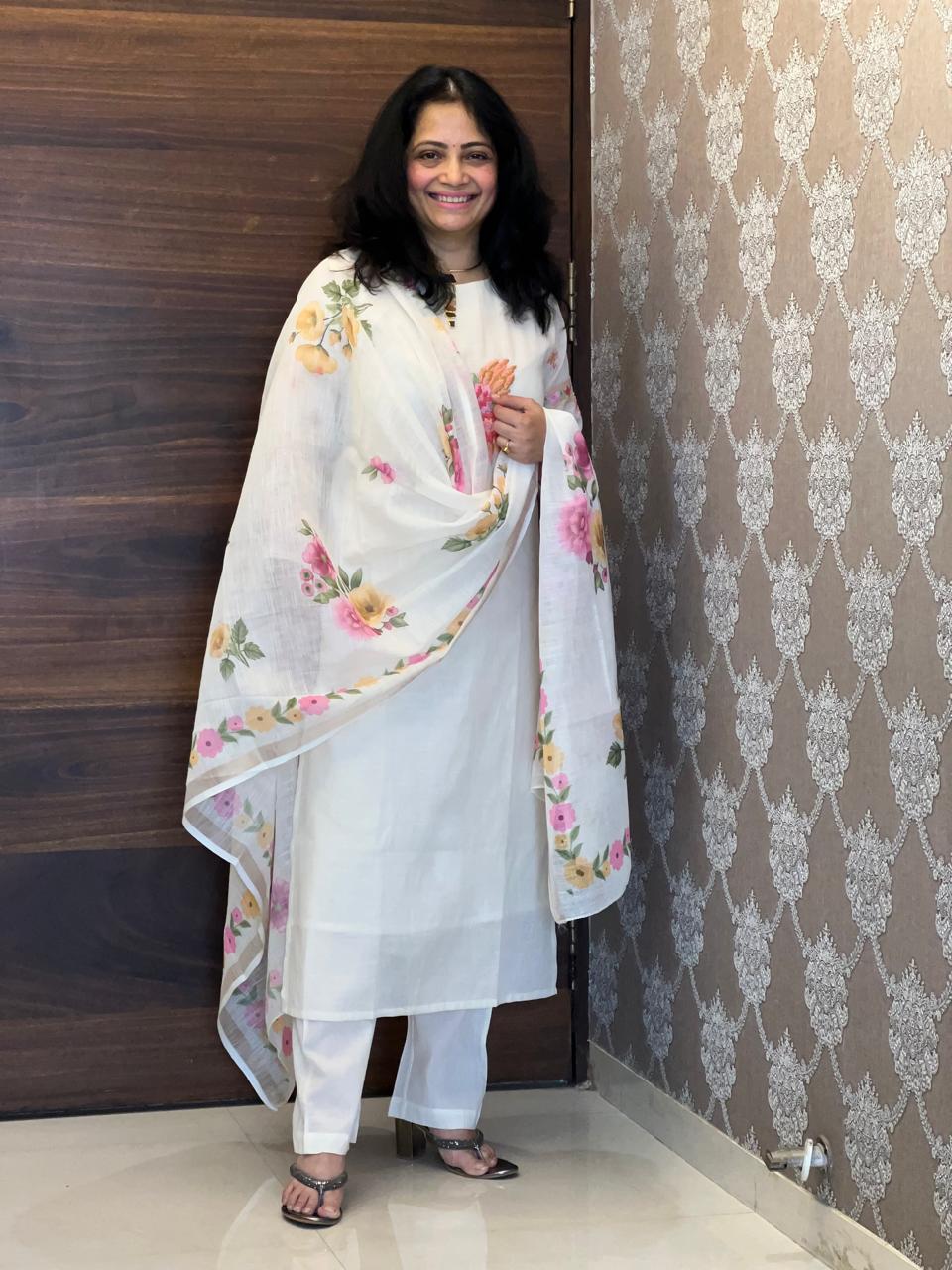 Off-White Color Kora Cotton Dupatta Set