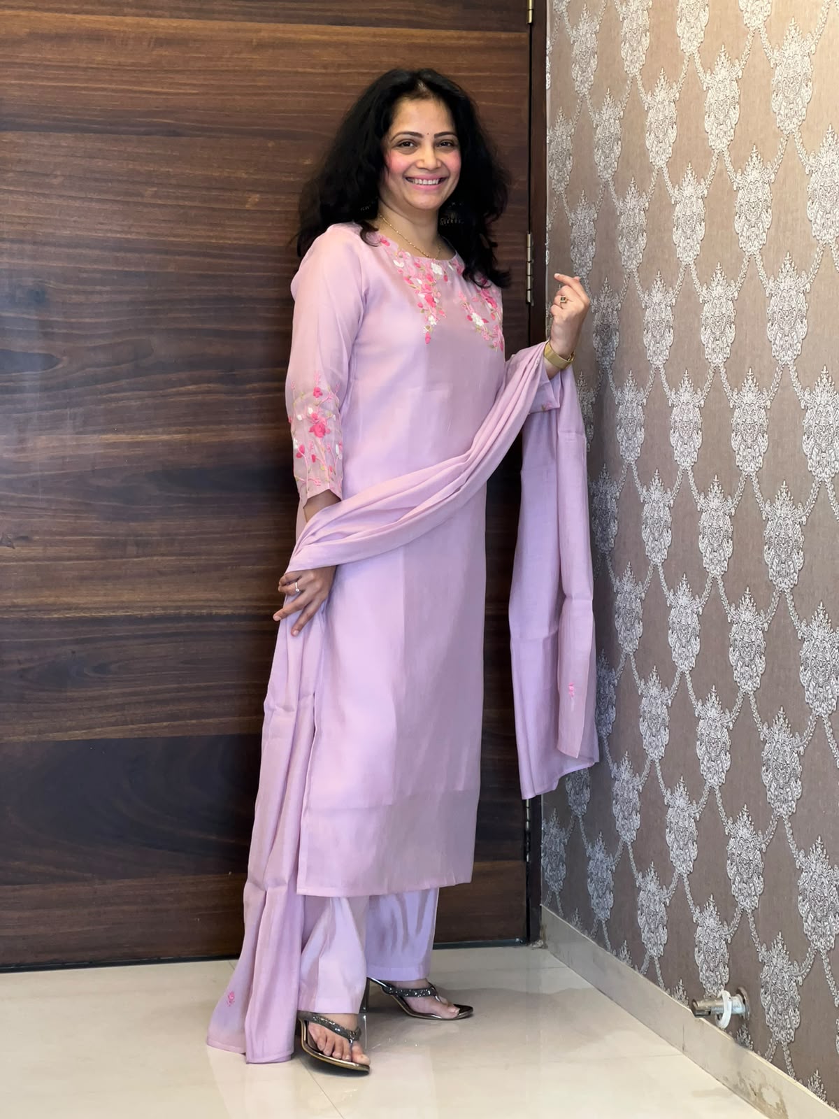 Pastel Pink Color Mul Chanderi Dupatta Set