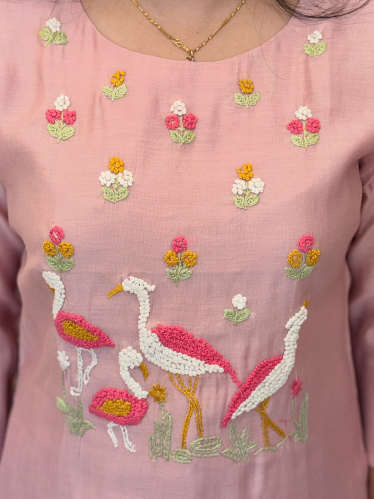 Pastel Pink Color Mul Chanderi Dupatta Set With Bird Embroidery