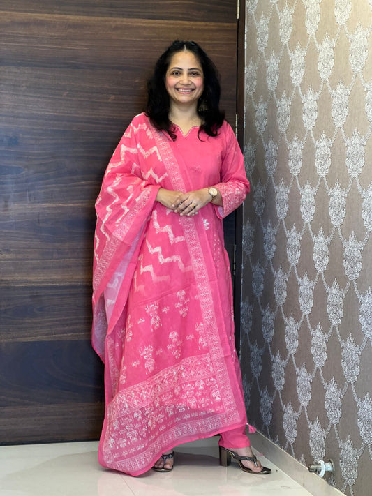 Pink Colour Digital Print Cotton Dupatta Set