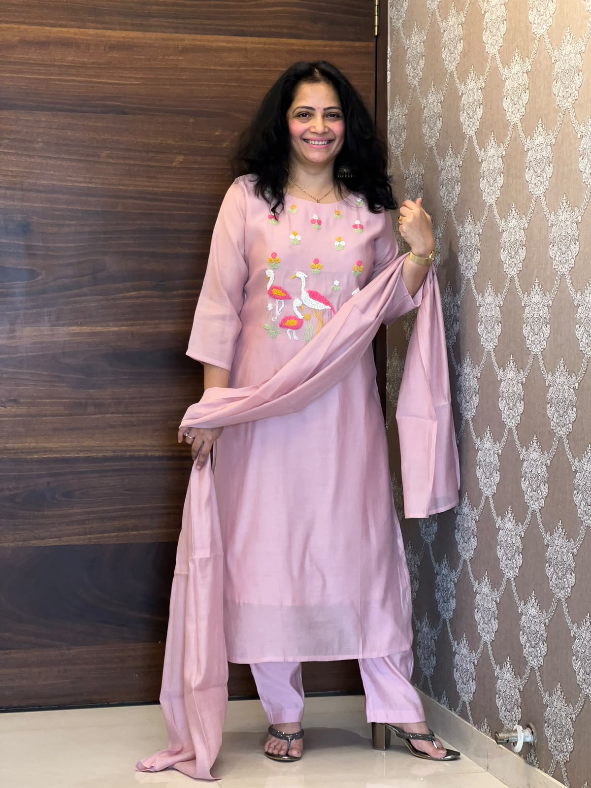 Pastel Pink Color Mul Chanderi Dupatta Set With Bird Embroidery