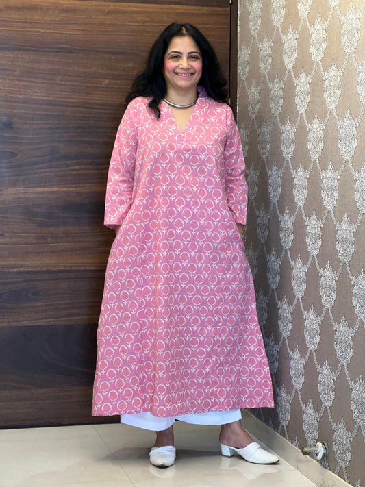 Pink Dabu Hand Block Printed Pure Cotton A Line Kurti