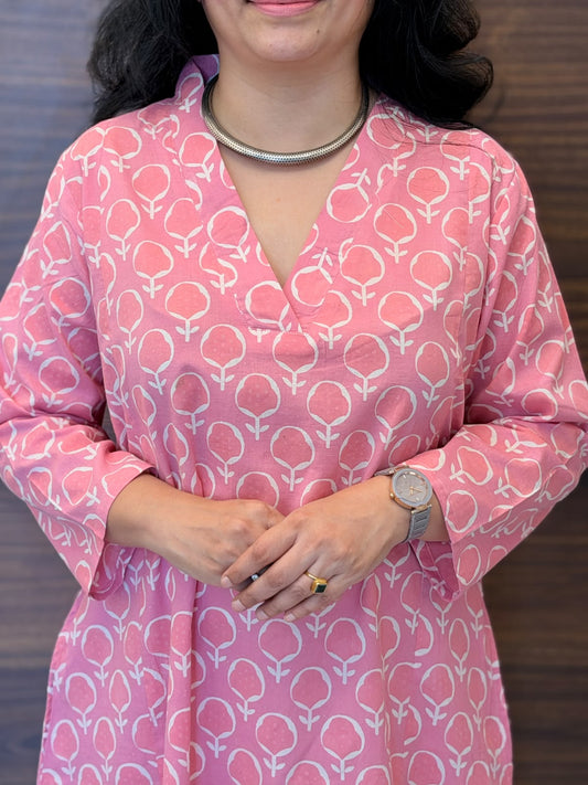Pink Dabu Hand Block Printed Pure Cotton A Line Kurti