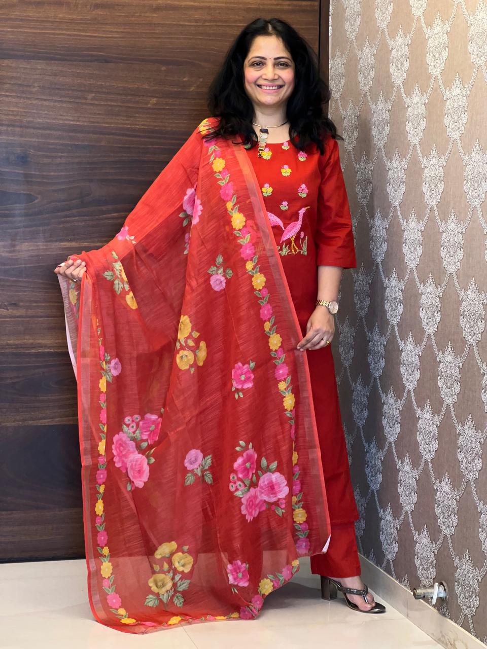 Rust Color Cotton Silly Dupatta Set