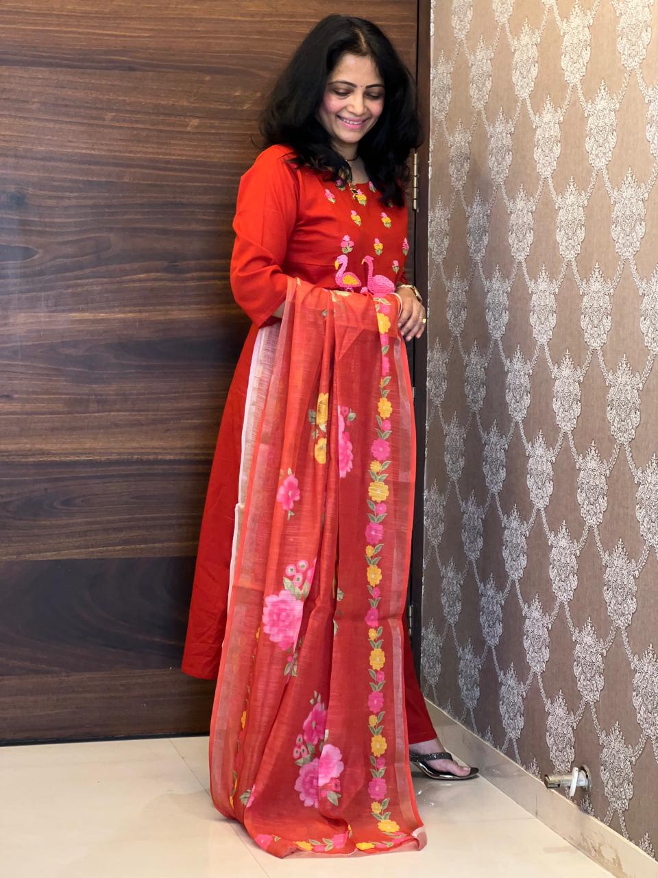 Rust Color Cotton Silly Dupatta Set