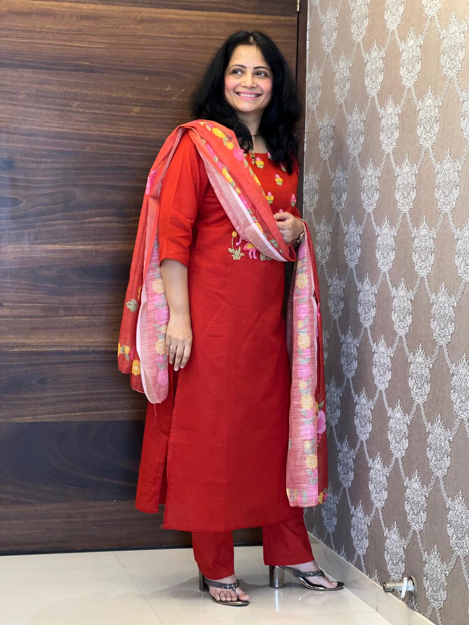 Rust Color Cotton Silly Dupatta Set