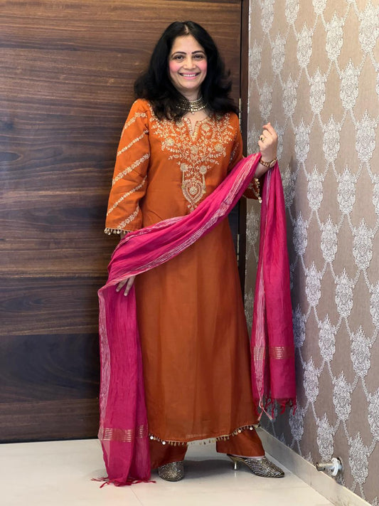 Rust Orange Color Mul Chanderi Dupatta Set