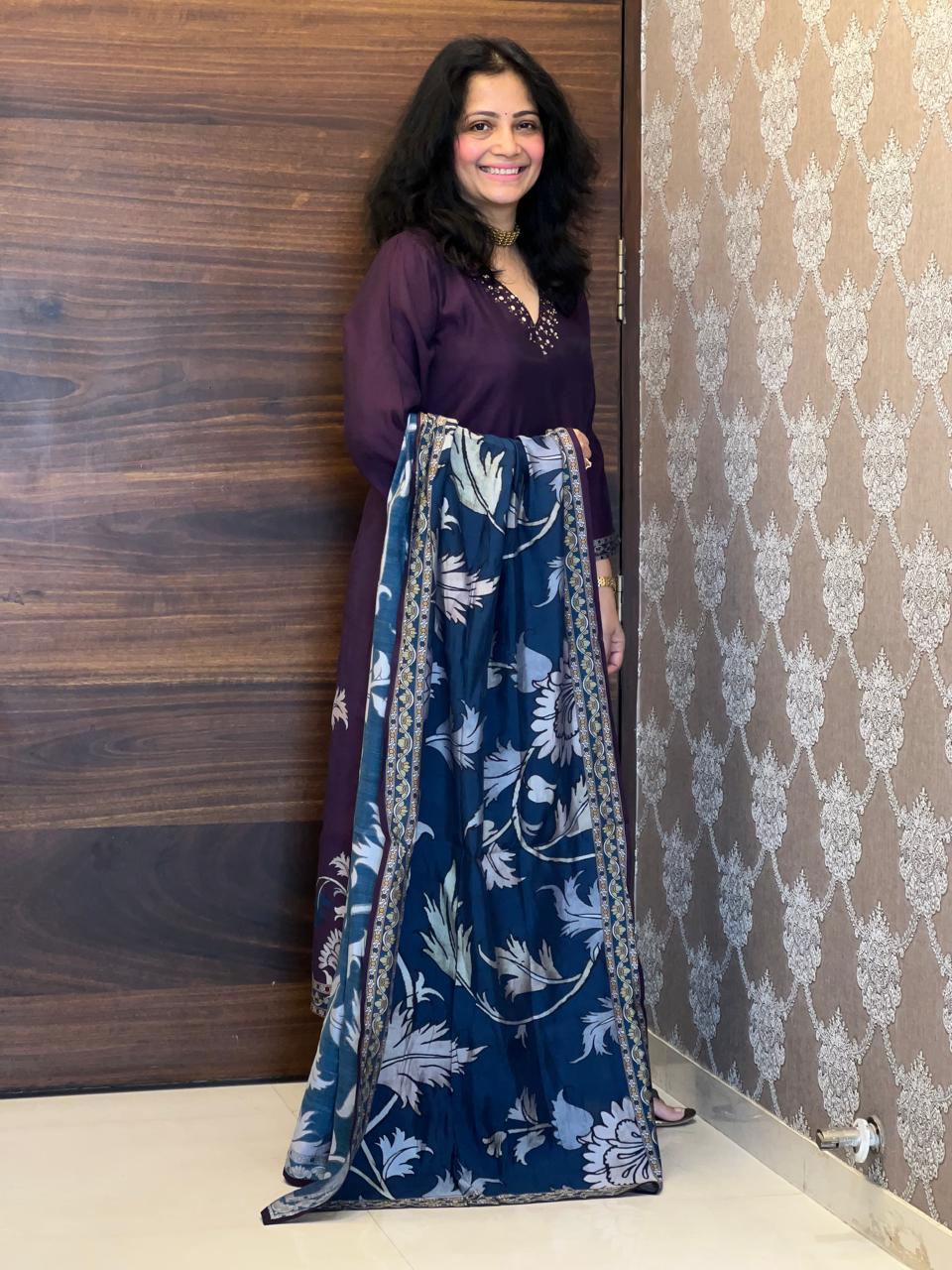 Wine-Teal Color Pure Muslin Dupatta Set